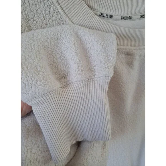 Aerie Chilled Out Large Beige Sherpa Sweatshirt Ribbed Side Panels Women's Cozy - Picture 4 of 11